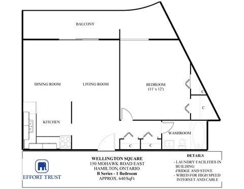 Floor plan for 1 bed, 1 bath, 700 sqft